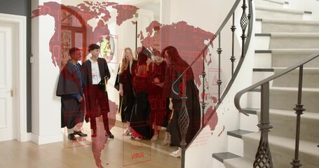 Grads entering door celebrating graduation, clustering in foyer, checking phone under red VIRUS map
