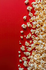Scattered popcorn on red background, cinema, entertainment concept