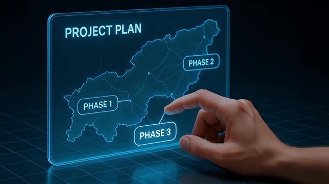 Project plan phase strategy roadmap timeline management planning workflow milestone development for phase 1, phase 2, phase 3 selection across regional map with digital interface timeline roadmap