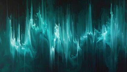 Abstract teal and dark shapes resembling vertical lines and fluid clouds