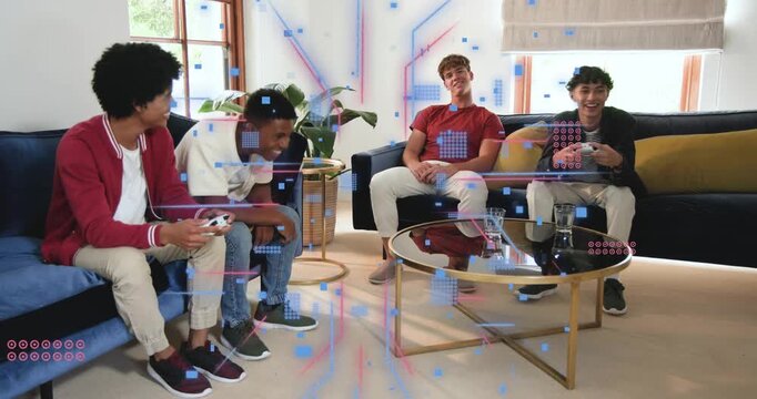 Four men on sofas playing console, pressing controllers and causing overlay intensifying for gaming