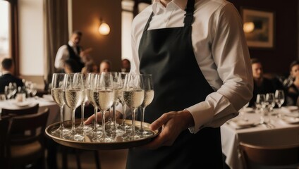 Waiter carrying tray of champagne glasses in upscale restaurant.