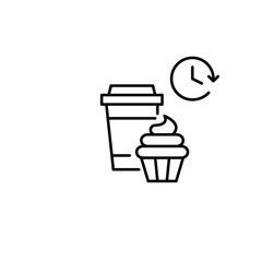 Takeaway coffee cup, cupcake and clock. Break time, breakfast and snacks at cafe. Pixel perfect, editable stroke vector icon