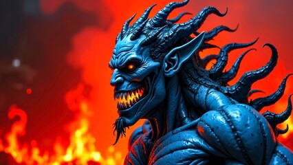 Close up image of the side face of the Flame Forest Blue Skin Demon