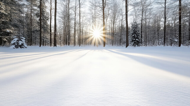 Snowy forest sunrise quiet snowy woods winter morning sunlight starburst - Powered by Adobe