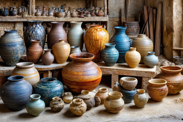 Colorful pottery displayed in a craft workshop with various designs and sizes