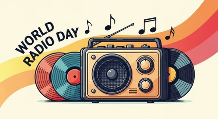 Retro radio with vinyl records and musical notes against a colorful striped background celebrating world radio day