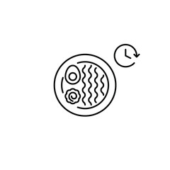 Obraz premium Ramen noodles dish and clock. Food scheduled delivery and meal pick-up on time. Takeaway Asian cuisine. Pixel perfect, editable stroke vector icon