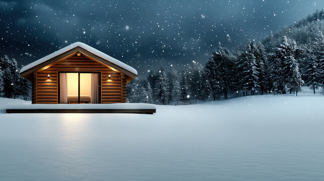 Snowy cabin retreat glowing window cozy winter night