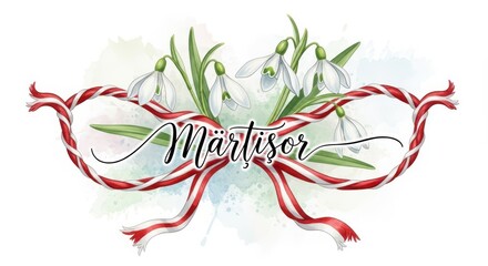 Mrior symbol with snowdrops and red and white threads, representing the arrival of spring and good fortune