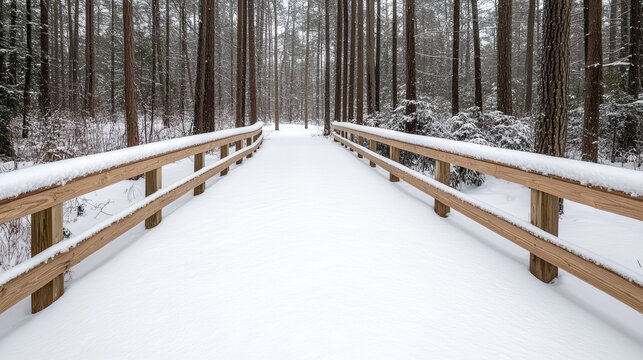 Snow covered boardwalk through tall pine forest, peaceful winter scene - Powered by Adobe