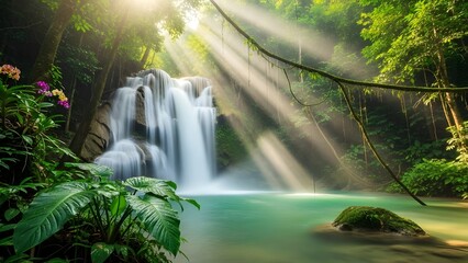 Waterfall in lush jungle, dreamy effect