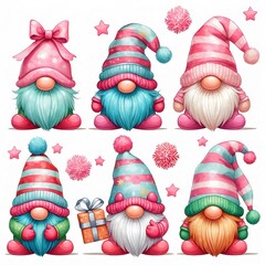A whimsical flat lay of cute gnomes in pink and blue hats, surrounded by colorful gifts for a festive holiday vibe