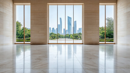 Fototapeta premium Sunlit marble interior with large windows framing modern skyline and park view