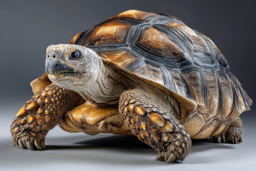 Obraz premium Close-up view of a tortoise on a textured surface in a well-lit indoor setting