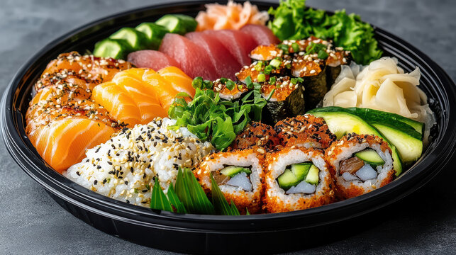 Fresh sushi platter with assorted sashimi roll rice cucumber ginger wasabi - Powered by Adobe