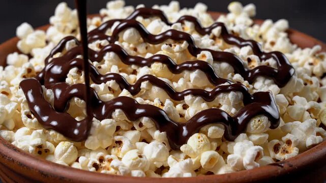 A close-up view of dark melted chocolate sauce being drizzled in a wavy pattern over a brown earthenware bowl filled with fluffy white popcorn against a dark background