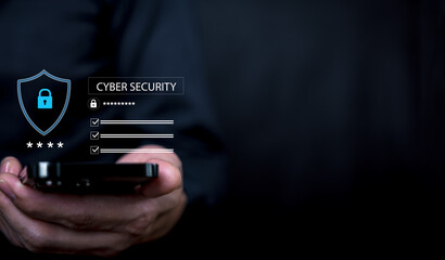 Smartphone displaying a cybersecurity interface with shield icon and login security elements, featuring dark background copy space for adding text. Concept of data protection and digital safety
