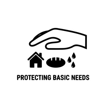 icon showing a protective hand covering symbols of basic needs: a small house, bread (food), and a water droplet. Represents guarantee, security, and access to essential human needs