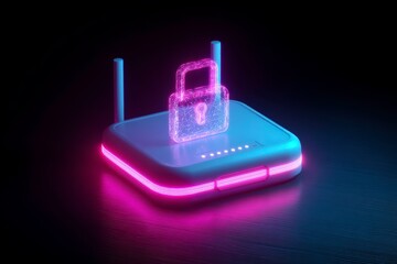 Secure WiFi Router with Padlock Hologram Digital Network Security Concept