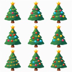 Colorful clipart of decorated Christmas trees, showcasing a festive indoor holiday scene in a flat view, isolated on a white background