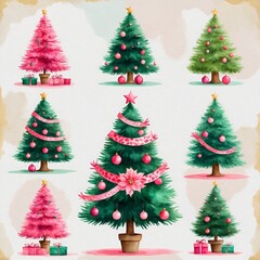 Festively decorated Christmas tree in pink and green, with gifts below, showcasing a cheerful holiday atmosphere