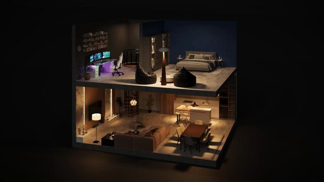 Architectural Visualization: Future Home Design with Color-Changing Smart Lights Transforming the Living and Bedroom Areas