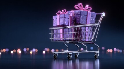Shopping cart with glowing purple gift boxes and neon holographic effects, pink ribbon accents, set on indigo background with vibrant light, ideal for promotional banners and social media graphics.