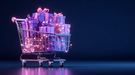 Shopping cart with glowing purple gift boxes and neon holographic effects, pink ribbon accents, set on indigo background with vibrant light, ideal for promotional banners and social media graphics.