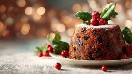 Christmas pudding decorating with holly and berries