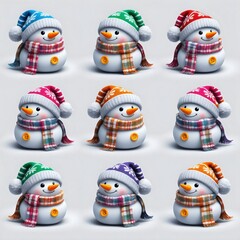 Set of whimsical cute snowman icons in a nine characters , showcasing cartoon figures for holiday fun in a cozy indoor studio