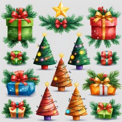 Whimsical illustration of Christmas presents and trees, perfect for seasonal designs. The image is brimming with festive cheer, with gift boxes and adorned Christmas trees and a radiant star