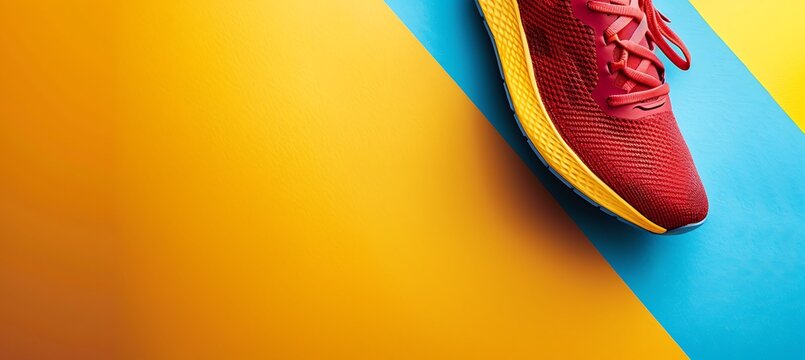 Vibrant close up of a red running shoe resting on a dynamic background of contrasting yellow and blue geometric shapes