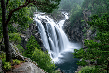 Fototapeta premium Majestic Waterfall Cascades Through Rocky Gorge in Lush Forest