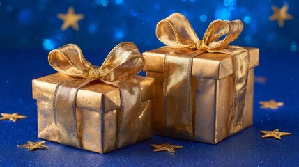 Golden gift boxes with bows on blue festive background