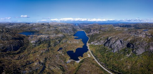drone landscape panorama of the mountains and lakes of Agder County in southern Norway