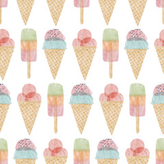 Summer icecream dessert pattern looks yummy and cute.
Watercolor treat with popsicle, cone, scoop.
Pastel sweet background seamless repeat.
