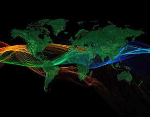Graphic rendering of the globe overlaid with colorful, abstract, flowing wave lines