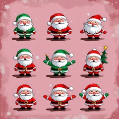 Santa Claus character design with multiple poses. Various Santa Claus with different attire, including a red suit and a green suit, isolated on a white background