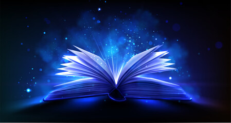 Fototapeta premium Open book with magical glow and mystical light rays on fantasy background. Ancient tome with bright sparkles, fairytale atmosphere and holy radiance for wizard tales, education or library book concept