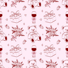 Hand drawn pattern coquette aesthetics elements. Vintage cute symbols with ribbon and bow in simple crayon style. Trendy art for Valentine's day and wedding invitations. Outline seamless pattern.