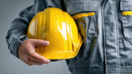 Fototapeta premium Construction worker holding a yellow hard hat in an indoor setting during daylight hours