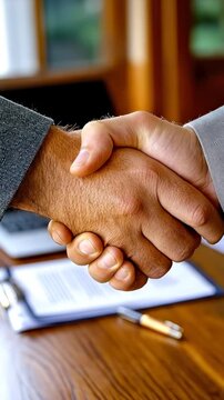 Two people shaking hands over a table with an official document, symbolizing legal agreement, justice, and court system resolution. Lawyer consultation meeting.