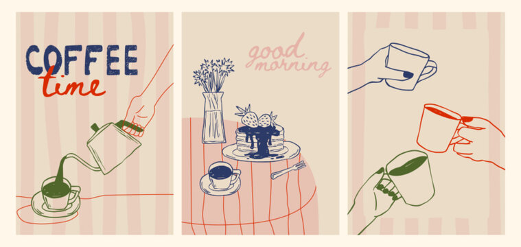 Coffee crayon doodle posters with breakfast cafe sketches - hand pouring from kettle, good morning pancakes and flowers, cups in hands. Line art illustrations for kitchen or restaurant decor.