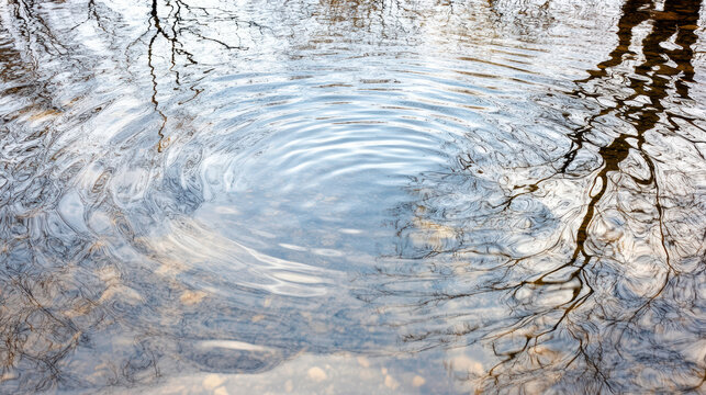 Calm water ripples reflecting bare tree branches in soft light
