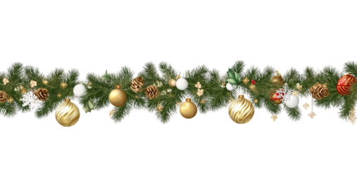 Christmas garland with ornaments and pine cones isolated on a transparent background