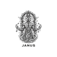 Fototapeta premium Surreal illustration of Janus, the Roman God of beginnings, endings, transitions, and duality, depicted as a muscular, two-faced figure standing within an ornate archway gate