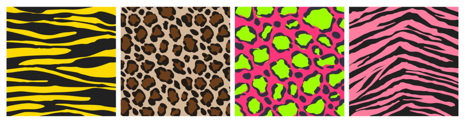 Obraz premium Animal skin patterns in y2k style. Yellow tiger stripes, brown leopard spots, neon pink with green cheetah print and pink zebra texture. Abstract vector background for fashion or trendy graphic design