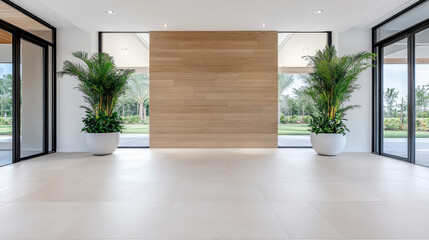 Modern lobby with large potted palms and wood accent wall creating calm bright vibe