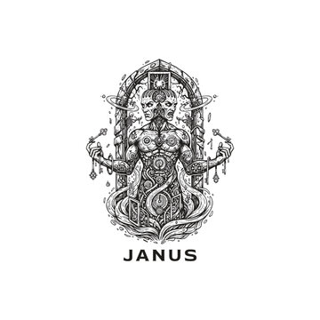 Surreal illustration of Janus, the Roman God of beginnings, endings, transitions, and duality, depicted as a muscular, two-faced figure standing within an ornate archway gate